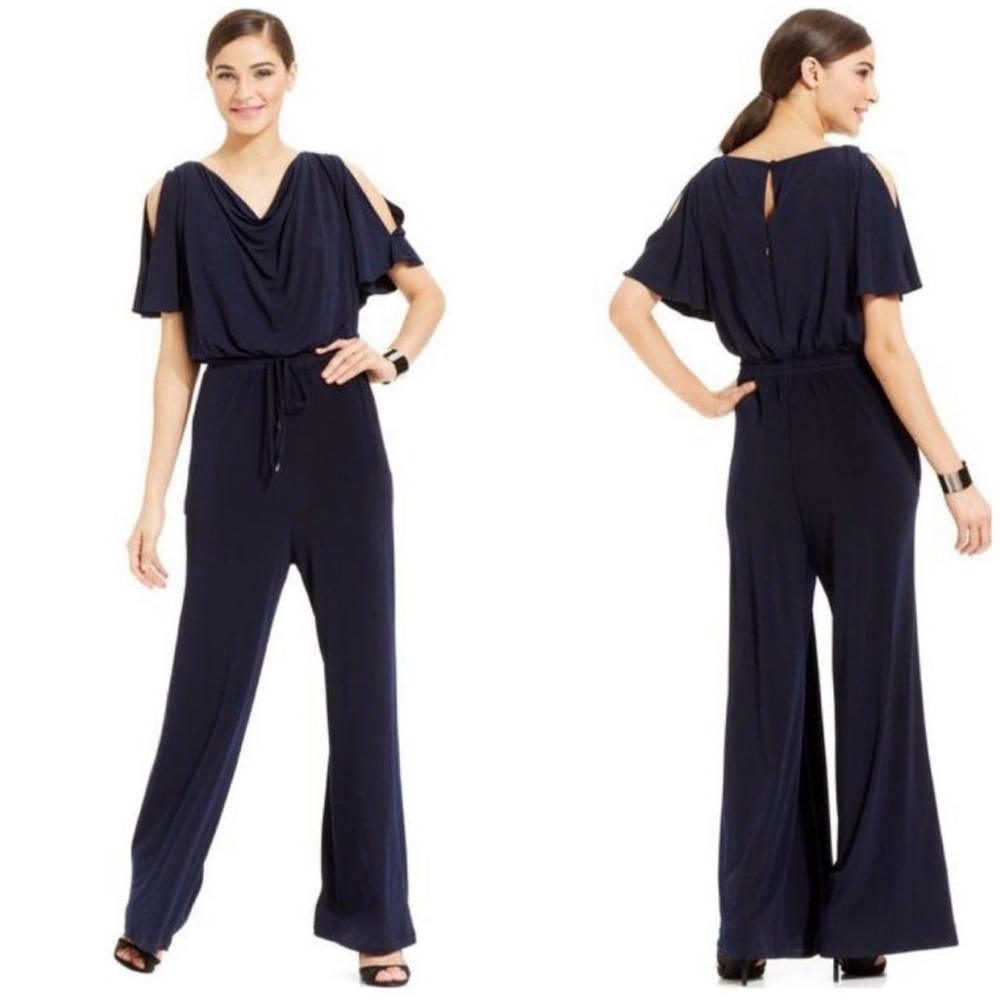 Vince Camuto Navy Wide Leg Cowl Neck Cold Shoulder Dolman Drawstring Jumpsuit